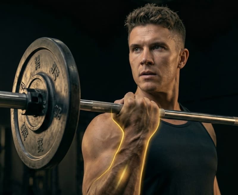 Atleta em treino de força, foco em técnica e biomecânica